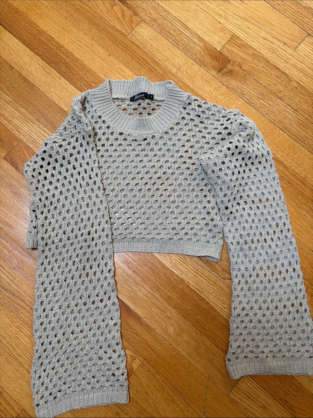 Cropped Open-Knit Crewneck Sweater in Light Gray